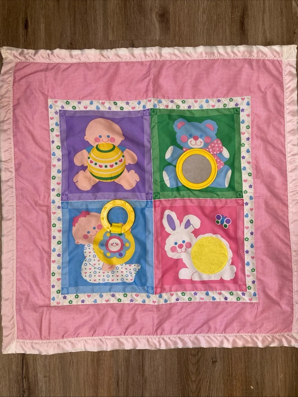 Vintage 1983 Fisher Price Baby Play Mat Activity Blanket Satin Trim  27x28